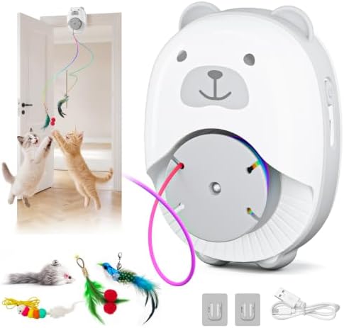Interactive Cat Toys for Indoor Cats, Automatic Rechargeable Hanging Feather Wand with Flying Motion, 4 Packs Replaceable Accessories, Exercise Enrichment Toy for Cats, Long-Lasting USB Charging