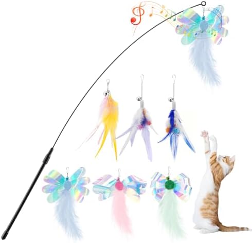 Pawaboo Cat Feather Wand Interactive Toy, 6 Feathers + 1 Wand with Bell