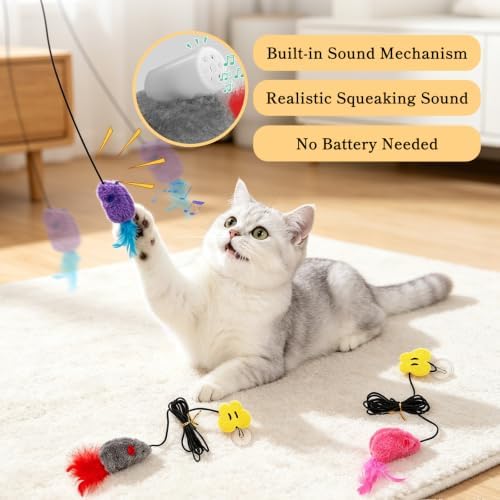 Hanging Door Cat Toy with Elastic String, Interactive Cat Toys for Indoor Cats, Retractable Door Hanging Cat Teaser with Bell/Feather/Plush (Plush Mouse 3 Pack)
