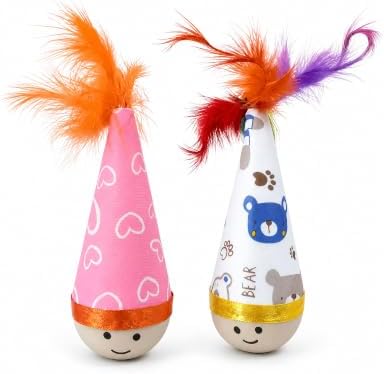Wooden Wobble Cat Toy,Interactive Self-Righting Wobble Cat Toy with Feather