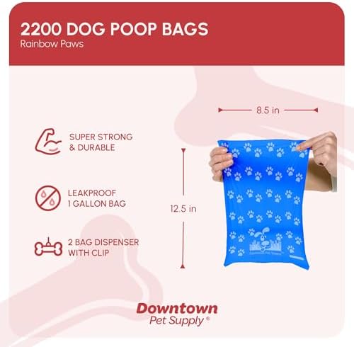 Downtown Pet Supply Rainbow Paw Print Poop Bags (2200 CT & 2 Dispensers) - Leak-Proof, Unscented, Clips to Leashes & Harnesses
