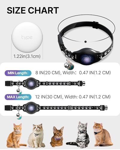 Cat Tracker Collar with Finder Tag - Waterproof Airtag Cat Collar, Black | Breakaway Tractive with Reflective Pattern & Bell, 8-12", Compatible with Apple Find My (iOS ONLY Not for Android Devices)