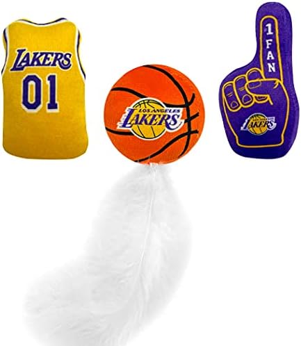 Pets First NBA LA Lakers Complete Set of 3 Piece Cat Toys Filled with Fresh Catnip. Includes: Jersey, Basketball with Feathers & #1 Fan. Beautiful Team Logos
