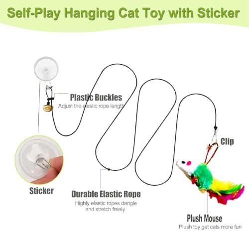 Door Hanging Suction Cup Cat Toy with Bell, Interactive Plush Mouse Teaser, Replaceable Refill Hanging Kitten Toy for Indoor Cat Hunting Exercise & Boredom Relief