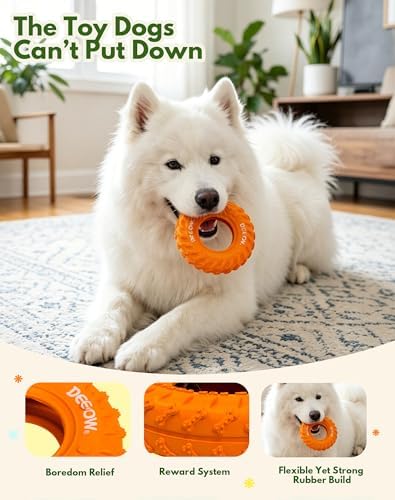 Deeow Dog Chew Tire Toy, Natural Rubber Puppy Teething Ring-6.3'' Orange