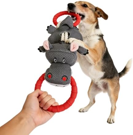 Tug of War Dog Toy - Rubber & Cotton Rope Toys for Dogs, Large Double Ring Dog Tug Toy,Interactive Dog Toys for Small Medium Large Dogs(Hippo)