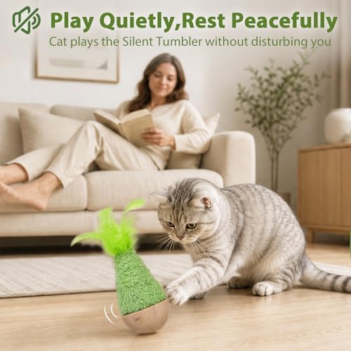 Wooden Wobble Cat Toy for Indoor Kitten, Interactive Tumbler Cat Toy for Small Medium Cats (Green)