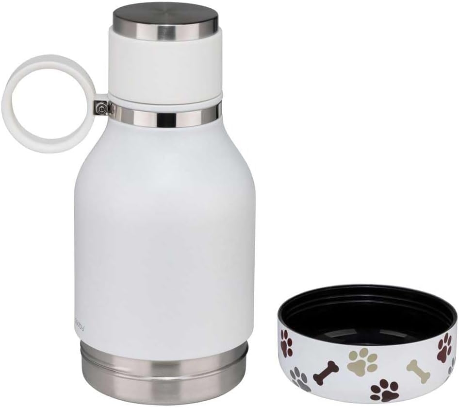 asobu Buddy Bottle, a Stainless Steel Insulated Water Bottle with Removable Dog Water Bowl and Dog Food and Treat Storage plate (White, 37 oz Water Bottle with 2 Bowls)