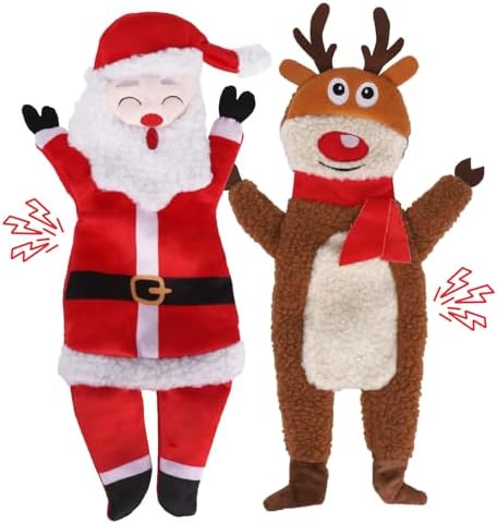 PAWCHIE Christmas Squeaky Dog Toys for Small Medium Large Dogs, No Stuffing Crinkle Puppy Toys, Soft Pet Plush Teething Toys 2 Packs Chew Toys Santa Claus Reindeer Shape for Boredom