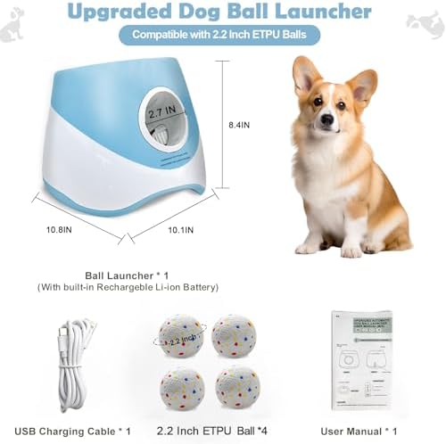 MEKAPLE Automatic Dog Ball Launcher for Samll to Medium Dogs, Upgraded Interactive Toy Balls Thrower, Distance Adjustable Mental Stimulating Dog Toys with 4 Etpu Balls 2.2 Inch (Blue)
