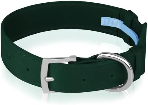 Leather Dog Collar with Airtag Holder - Apple Air Tag Dog Collars - Soft Tracking GPS Pet Collar for Small Medium Large Dogs Breed Puppy (Green, L, 15"-19" Neck Fit)
