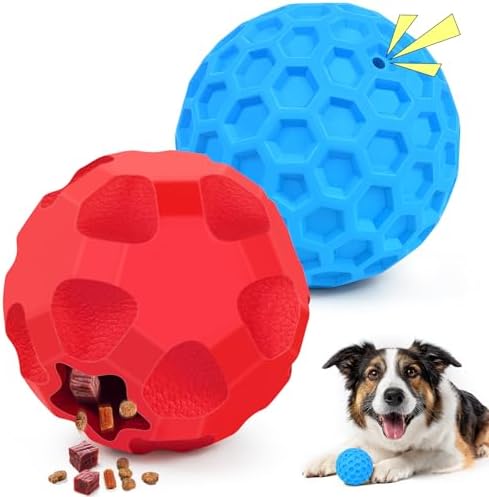 2 Pack Dog Toy Balls for Aggressive Chewers, Treat Ball and Squeaky Ball | Interactive Squeaky Dog Balls and Treat Dispensing Ball to Keep Them Busy, Chew Toys for Large Dogs, Enrichment Toy