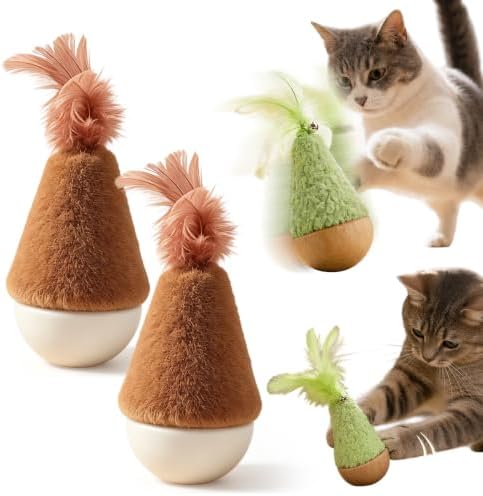 2-Pack Interactive Self-Righting Wobble Cat Toy with Feather (Brown)