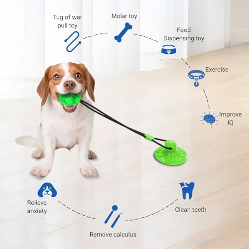 Dog Toys Treat Food Dispensing Ball with Suction Cup for Aggressive Chewer, Tug of War for Pets, Puppy Toys for Teething, Puzzle, Treat Food Dispensing, Pet Chew Tug of War for Medium Dogs (Green)