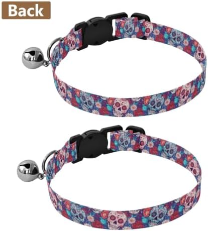 2 Pack Pet Collar Colorful Skulls Floral Red Dog Bell Collar, Adjustable Length 10.6" to 17.1"