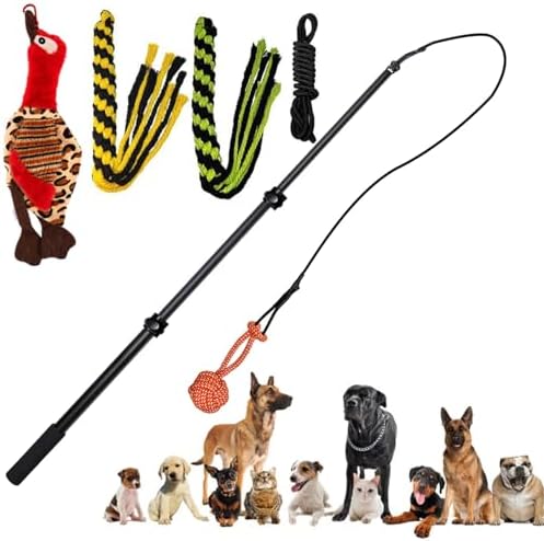 Upgraded Interactive Dog Toys - Extendable Flirt Pole Teaser Wand with Braided Rope Chewing Tugs and Squeaky Plush Chase Toy for Dog Puppy Outdoor Entertainment, Train and Exercise