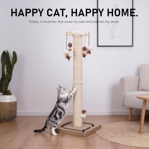 PEEKAB Cat Scratching Post for Indoor Adult Cats and Kittens,33 Inches Tall Large Sisal Scratch Post with Track Ball Toys,Cat Scratcher Toy Beige