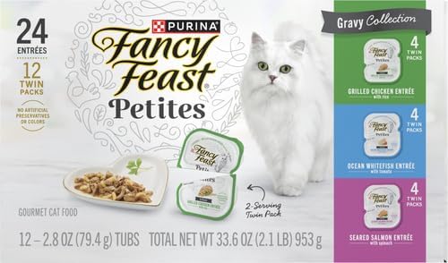 Fancy Feast Purina Gourmet Wet Cat Food Variety Pack,Petites Gravy Collection,Break-Apart tubs,48 Servings - 2.8 oz. Tubs,(Pack of 24)