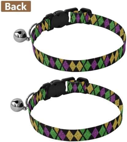 2 Pack Kitten Collar Mardi Gras Argyle Black Cat Collar Breakaway with Bell, Adjustable Length 10.6" to 17.1"