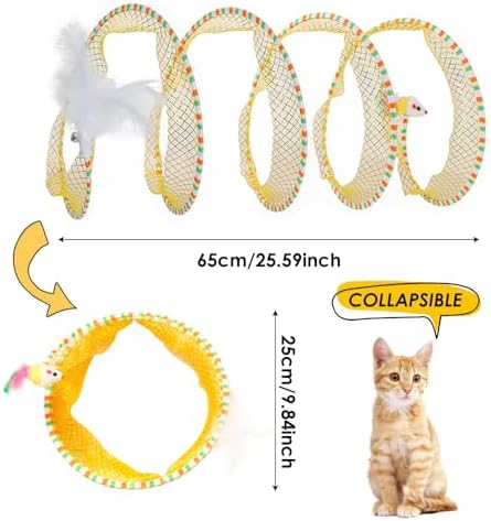 Spiral Tunnel Cat Toy 2 Pcs, 25.59 Inches Unfolded with Cat Wand Self Play Collapsible, Hunting Spiral Tunnel with Feather Mouse Toys and Bell for Indoor Kitten Play Chase Exercise