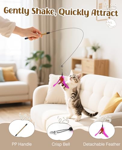 Pawaboo Cat Feather Wand Interactive Toy, 2 Feathers + 1 Wand with Bell