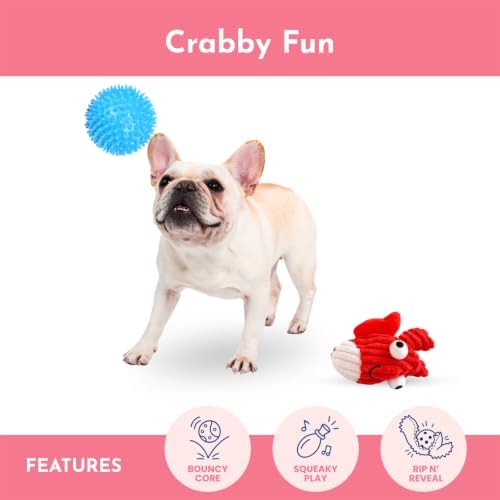 Crab Plush Dog Toy, 2-in-1 Rip & Reveal Interactive Dog Toy with Squeaky Spiky Ball Inside, Crinkle Wings, Soft Plush Chew Toy for Small Medium Large Dogs