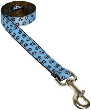 Large Blue/Brown Puppy Paws Dog Leash: 1" Wide, 6ft Length - Made in USA.