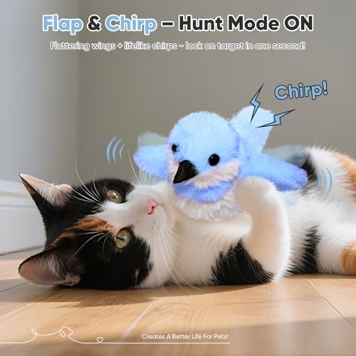 Petbobi Flappy Bird Cat Toy - Realistic Interactive Cat Toy with Sparrow Bird Chirp Tweet Flapping Wings (Non-Flying Design), Rechargeable Motion-Activated Catnip Toys for All Breeds Kittens, Blue
