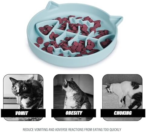 Silicone Cat Slow Feeder Bowl with Suction Cups, Puzzle Feeder, Interactive Toys for Cats, Reduces Overeating (Blue, 1 Cup)
