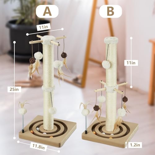 PEEKAB Cat Scratching Post Sisal Scratch Posts for Indoor Cats and Kittens,with Tracking Ball Interactive Toys and Hanging Balls 25 Inches Beige