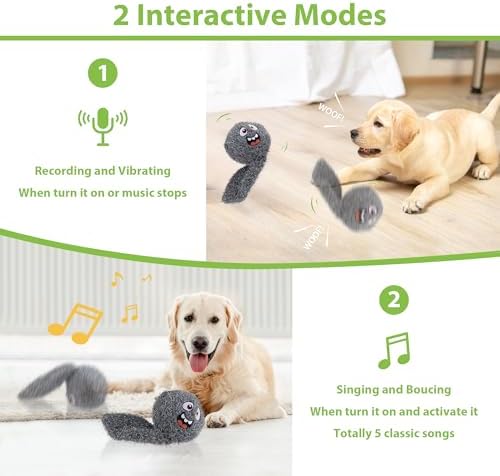 PETGEEK Interactive Dog Toys Ball - Upgraded Automatic Squeaky Vibrating Dog Ball, 900mAh Rechargeable Bouncing Ball with Washable Plush Cover, Crinkle Dog Toy with Recording Music(6 Inches, Gray)