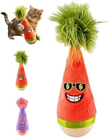 Wooden Wobble Cat Toy, Interactive Silent Pet Toy for Indoor Cats and Dogs, Carrot Kicker for Kittens & Indoor Cats, Aesthetic Home Decor Gift (Red)