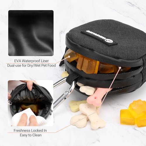 Dog Poop Bag Holder for Leashes- Dog Treat Pouch with Waterproof Zipper,Puppy Training Small Bag with Carabiner & Bungee Toggle,Two Pockets for Dry or Wet Treats-Pet Travel Walking Essentials (Black)