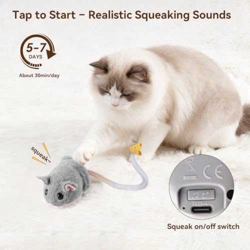 Migipaws Interactive MigiMouse Cat Toy 360° Rolling & Spin with Mesh Plastic Tail for Indoor Cats Smart Motion Sensor, Realistic Squeak, Rechargeable Plush Kitten Toy(Grey)