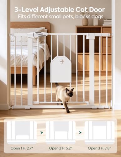Babelio Auto Close Dog Gate with Cat Door, CatPrivilege I, 29-43" | Safety Gate for Doorway & Stairs, Easy Walk Thru with Pet Door, Includes 4 Wall Cups and 3 Extension Pieces, White