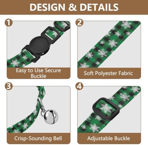 Snowflakes Green Buffalo Plaid Cat Collars with Bell 2 Pack Kitten Collars Adjustable 10.6 to 17.1 Inches