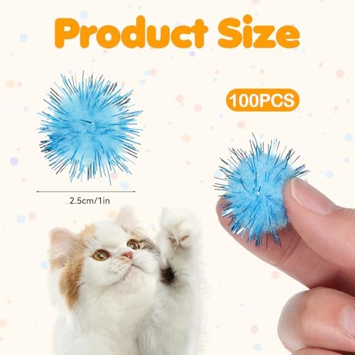 100 Pcs Cat Pom Pom Balls, 1 Inch Cat Toy Sparkle Balls Soft Interactive Cats Puff Ball Toys for Indoor Exercise Playing Entertainment and Crafts (Multicolor)