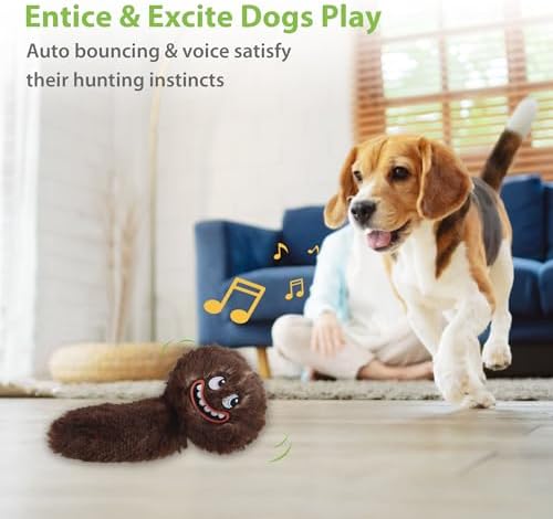 PETGEEK Interactive Dog Toys Ball - Upgraded Automatic Squeaky Vibrating Dog Ball, 900mAh Rechargeable Bouncing Ball with Washable Plush Cover, Crinkle Dog Toy with Recording Music(6 Inches, Brown)
