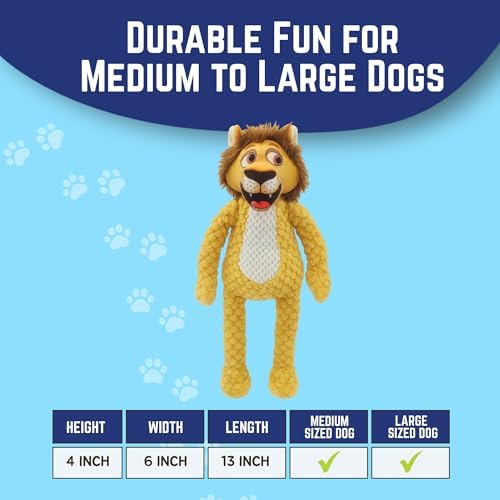 Happy Tails 13" Woolie Lion Dog Toy for Medium to Large Dogs - Durable Polyester with Squeaky Sound and Reinforced Stitching for Engaging Play and Chewing