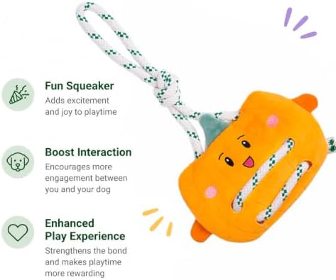 Green Sheep Interactive Plush Dog Toy, No Stuffing Squeaky Toy with Recycled Cotton Rope for Medium to Large Dogs, Chew Toy, Pumpkin