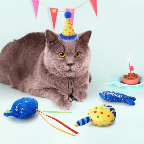 BINGPET Cat Birthday Decorations Outfit, 5 Pcs Catnip Toys for Indoor Cats