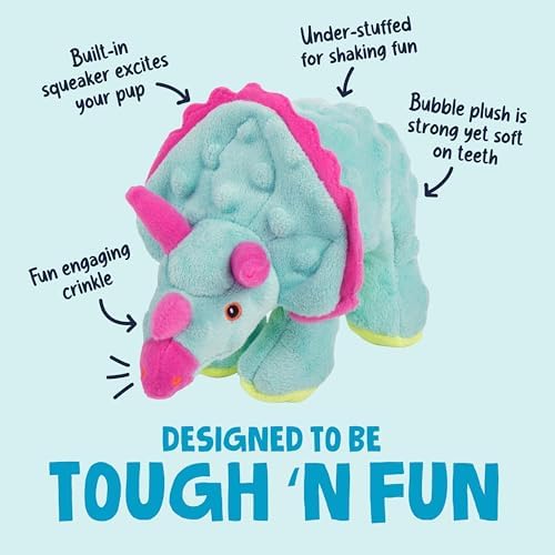 goDog Dinos Frills Squeaky Plush Dog Toy with Chew Guard Technology, Durable Fabric & Squeaker for Active Play, Teal, Small