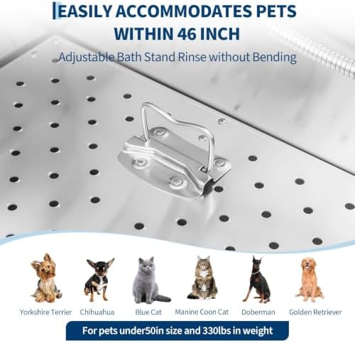Professional Stainless Steel Dog Washing Station 46 Inch – Heavy Duty Pet Grooming Bathtub – Brushed Finish – Access Stairs – Ideal for Home or Salon – Right Opening Door
