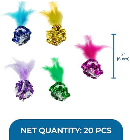 SunGrow Mylar Crinkle Balls with Feathers, 2.5-Inches, Shiny Stress Buster Crinkler, Suitable for Multiple Cats' Engagement, Ideal for Kittens and Grown-up Cats, 20-Pcs