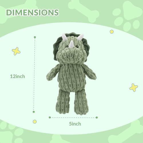 Linzy Plush Dinosaur Dog Toy, Soft Squeaky Chew Toy for Small Medium Large Dogs, Green, Interactive Pet Toy, 12 Inch