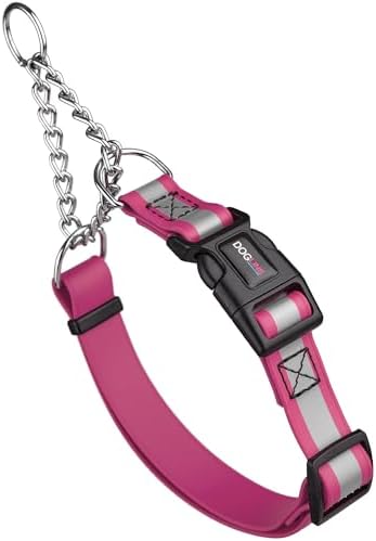 Dogline Reflective Martingale Collar for Dogs with Quick Release Buckle – Biothane Dog Collar with Herm Sprenger Assembly Chain – Waterproof No Pull Dog Collar, L 20”-26”, Passionfruit Pink