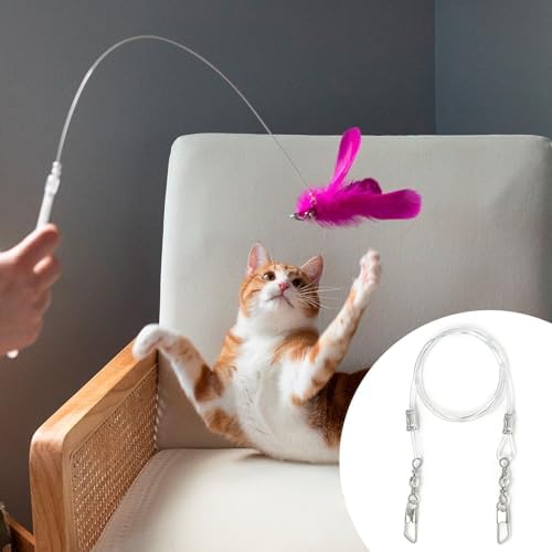 PAGOW 2pcs Replacement Strings for Cat Wand Toy, Chew-Proof Cat Toy Wire with Universal Lobster Clasps, 25.59 Inch Refill Cat Paracord Strings Replacement for Heavy Chewers - Clear