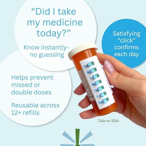 TAKE-N-SLIDE Peel and Stick Reusable for 12 + Refills, Pill/Medication/Vitamin/Pet Med Tracker & Reminder, Attach to Your Bottle, Organizer-Free, Curved‑Back (White, 4-Pack)