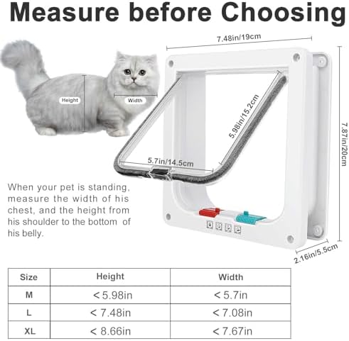 Lessmon Cat Door, M, 4-Way Lock, Outer Size 7.48x7.87x2.16in | 4-Way Lock for Pet Safety, Weatherproof & Durable, Easy DIY Installation, Fits Doors, Windows & Walls