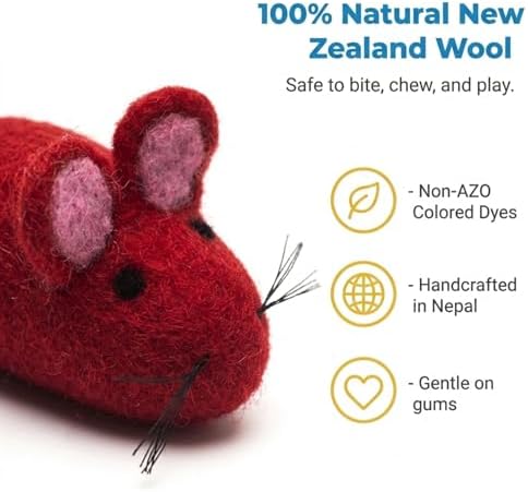 Glaciart One Felt Mouse Cat Toy – Soft Fuzzy Enrichment 100% Natural Wool - Interactive Catnip Play Cat Toy Set - Safe for Pets, Non-AZO Colored Dyes - 100” Long